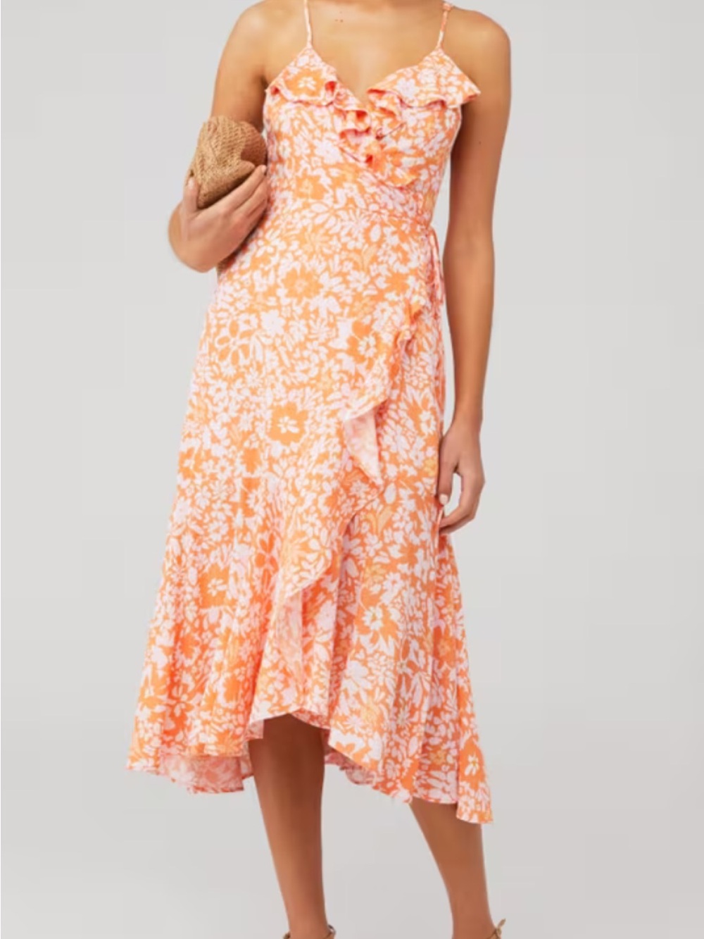 Mink Pink Floral Ruffle Midi Dress in Peach